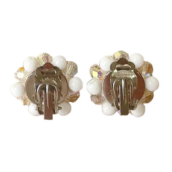 1960s Germany Milk Glass & AB Crystal Beaded Cluster Starburst Clip Earring - Picture 2 of 3